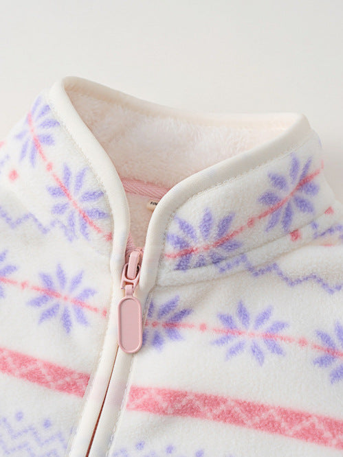 Kids' Purple Snowflake fleece-lined jacket — stand collar, zipper and cream fleece lining close-up