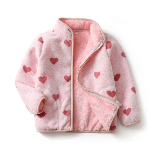 A pink fleece zip-up jacket with a soft plush texture and an allover pattern of red hearts, displayed flat against a white background.
