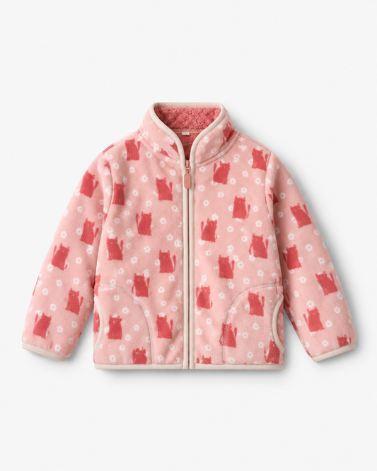 Kids' Pink Cat Print Fleece-Lined Jacket — front product view with curved side pockets and zip fastening