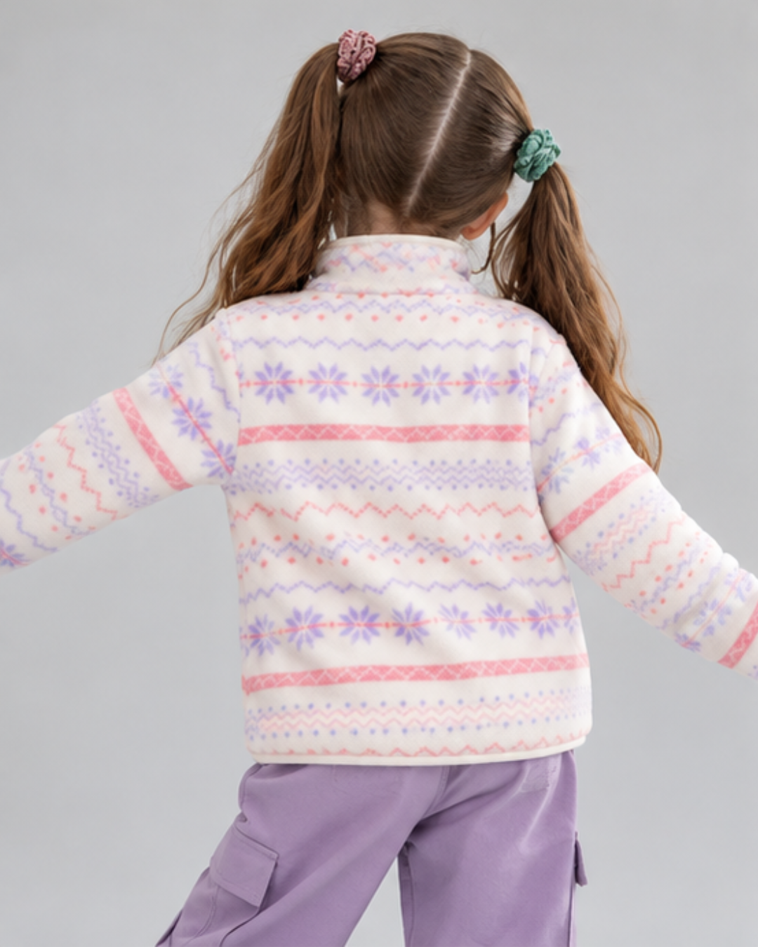 Kids' Purple Snowflake Fleece-Lined Jacket — back view worn by a child