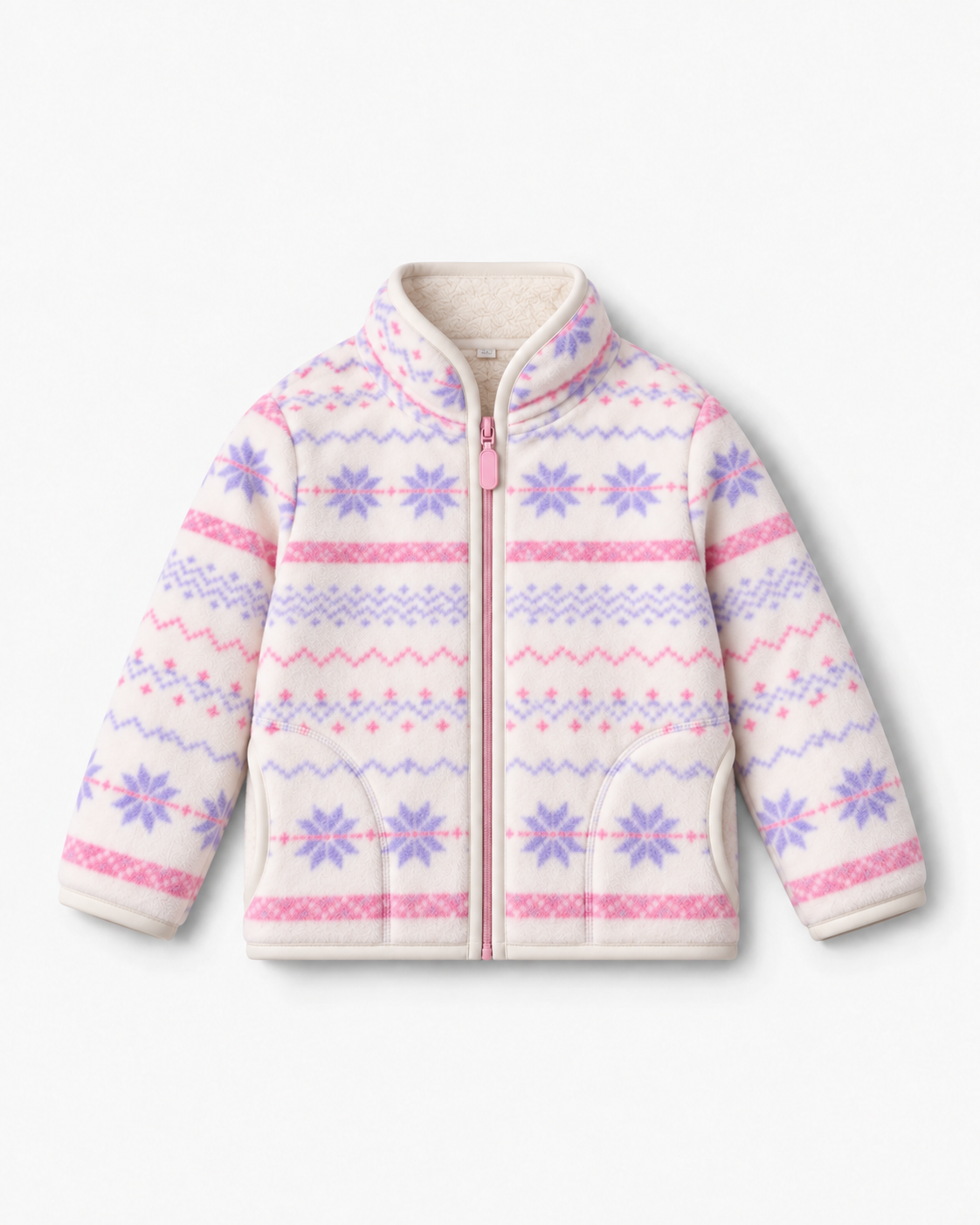 Kids' Purple Snowflake Fleece-Lined Jacket — front product view with curved side pockets and zip fastening