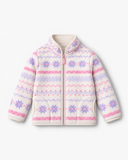 Kids' Purple Snowflake Fleece-Lined Jacket — front product view with curved side pockets and zip fastening