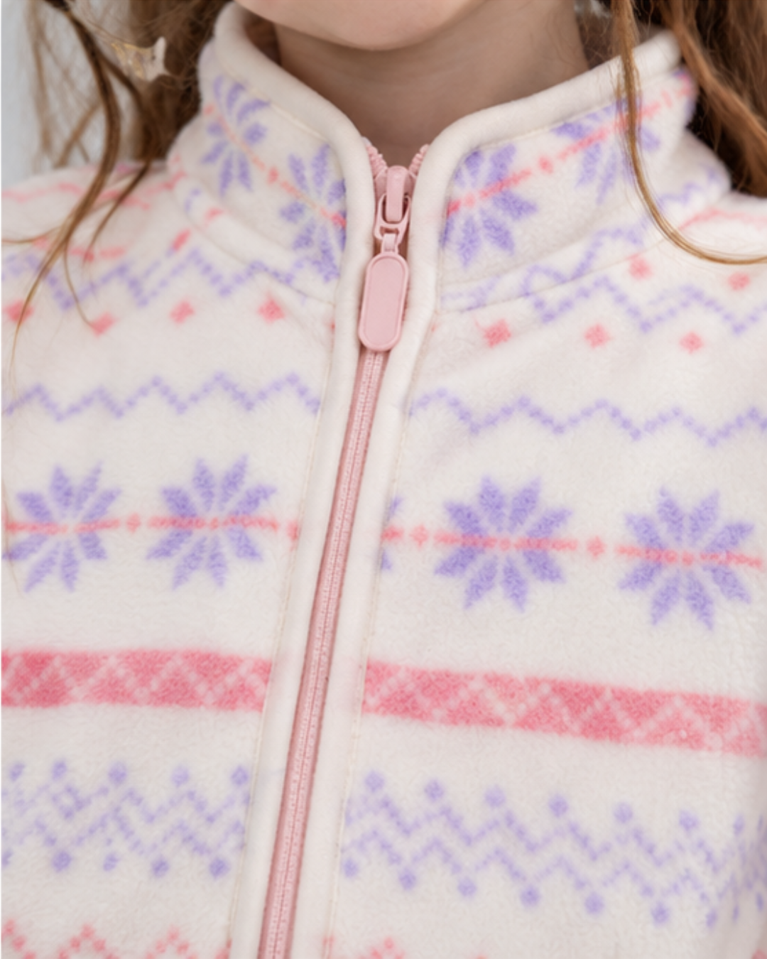 Kids' Purple Snowflake Fleece-Lined Jacket — collar and zipper close-up worn by a child