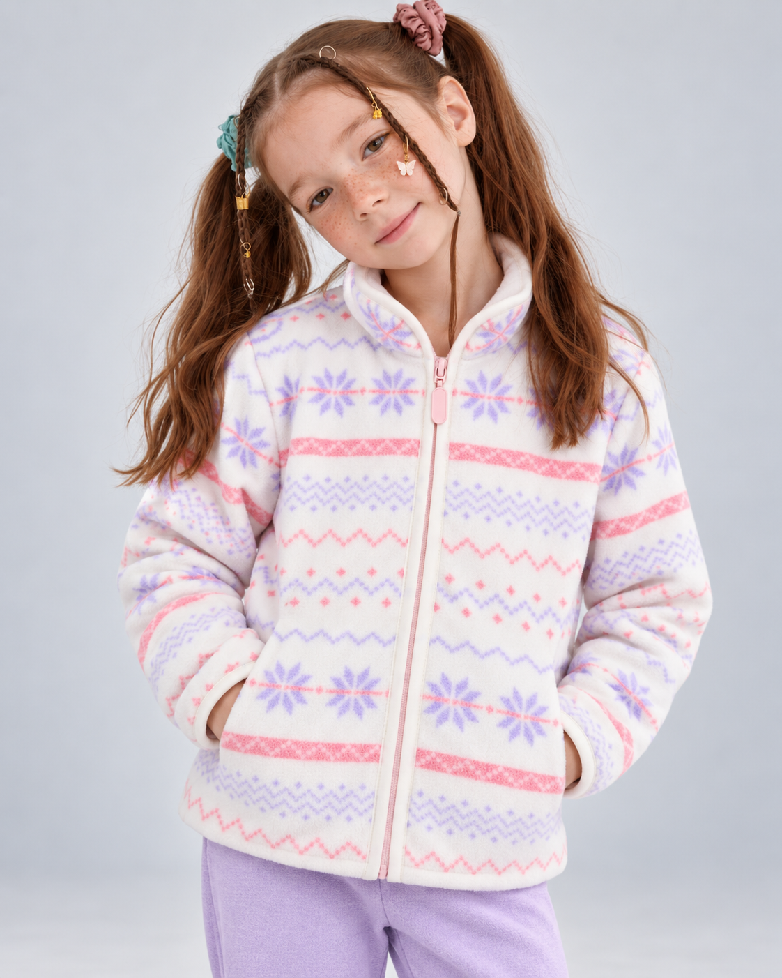 Kids' Purple Snowflake Fleece-Lined Jacket — front close-up worn by a child