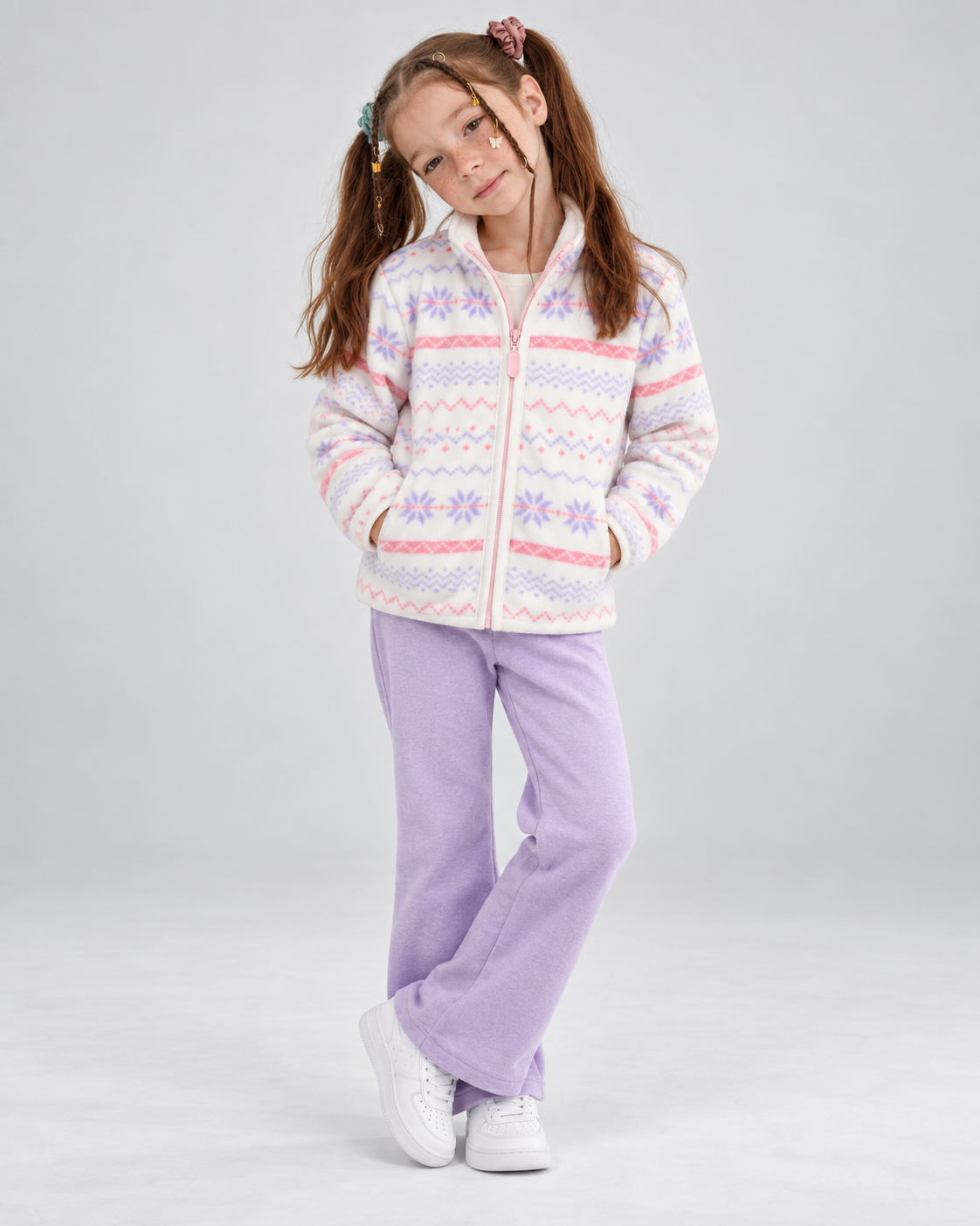 Kids' Purple Snowflake Fleece-Lined Jacket — front view worn by a child