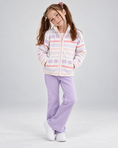 Kids' Purple Snowflake Fleece-Lined Jacket — front view worn by a child