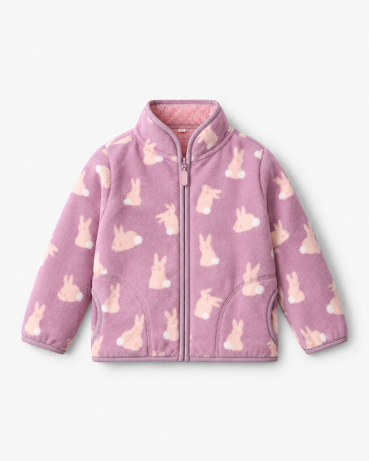 Kids' Purple Rabbit Fleece-Lined Jacket — front product view with curved side pockets and zip fastening